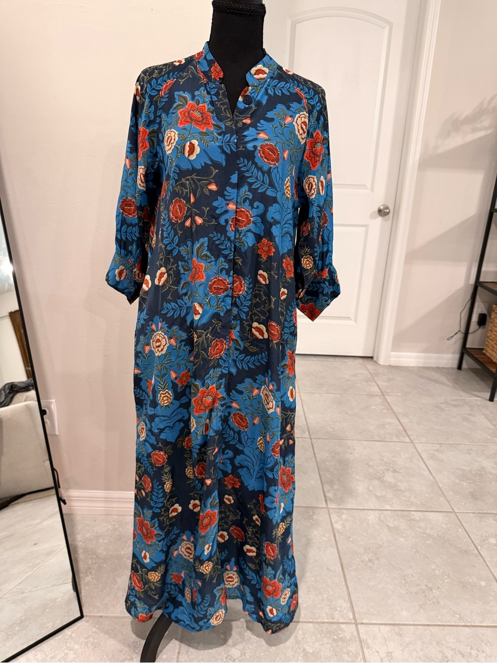 FARM Rio Blue Floral Maxi Shirt Dress XS Button Front Boho Resort